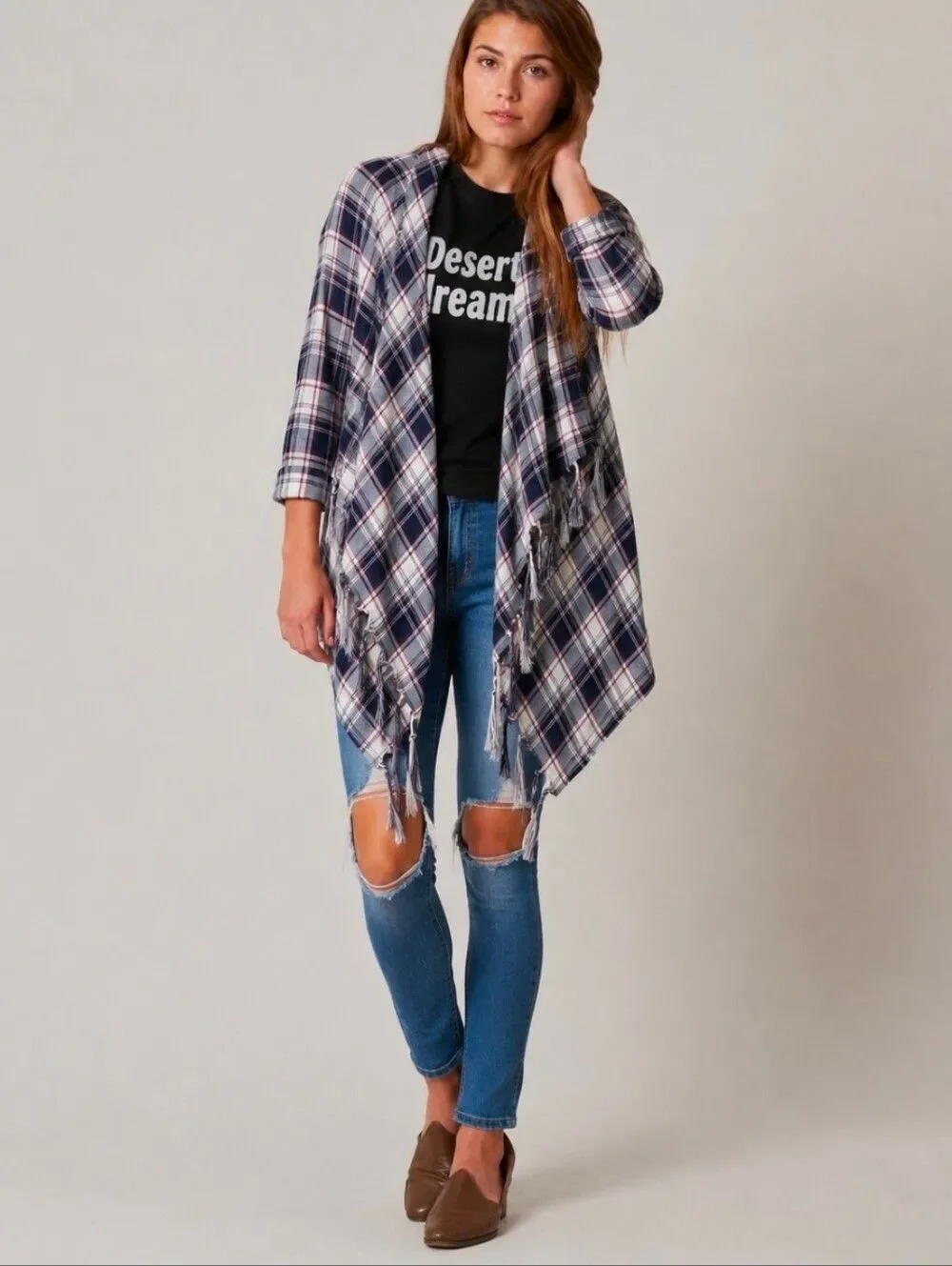 Billabong Navy Plaid Liv It Up Cardigan Flyaway Fringe Front Top - Picture 3 of 16